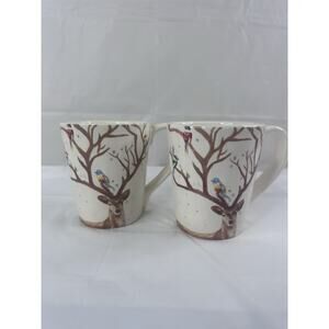 Pier 1 Imports Alexander ironstone Deer Birds Set Of 2 Coffee Tea Mugs Winter